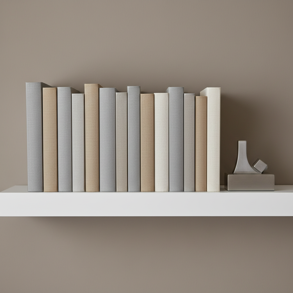 A meticulously arranged collection of high-end, hardbound business books with neutral linen covers—grays, taupes, and soft creams—standing upright on a floating white shelf against a smooth taupe wall. Next to the books, a sculptural brushed steel paperweight adds a subtle corporate accent. Gentle, diffused daylight washes in from the left, creating barely-there shadows and highlighting the subtle weave of the fabric covers. Shot from a close-up, straight-on perspective, the composition is perfectly symmetrical, emphasizing structure and order. The overall effect is serene and quietly authoritative, underscoring trust and expertise. The photographic style is clean and balanced, in line with a professional, boutique creative agency’s aesthetic.