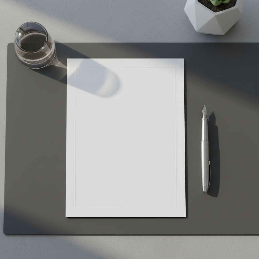 A single sheet of smooth, premium white stationery with subtle embossed edges is displayed flat on a dark graphite desk mat. Beside it, a streamlined chrome fountain pen with a brushed texture sits parallel to the paper. The desk's clean surface is accented with muted, minimalistic decor—a small smoky glass paperweight and a geometric matte ceramic planter (without plant). Diffused afternoon daylight filters in from above, providing soft, even illumination that enhances the crispness of the paper and the shine of the metal pen. The composition is tightly framed from directly overhead for maximum clarity and simplicity, evoking a sense of calm, order, and high-level professionalism. The image style is photographic and modern, supporting the site’s focus on expert communication and refined aesthetics.