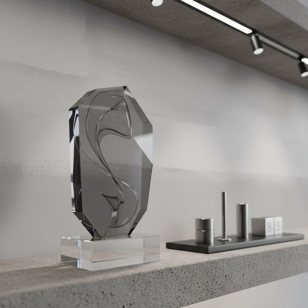A glossy, charcoal-gray glass award with geometric facets, engraved with an abstract swirl motif, sits on a clear acrylic plinth atop a textured concrete shelf. Nearby, a minimalist dark slate tray holds a few precision-crafted metallic desk accessories. The background consists of a softly blurred wall in layered pale gray tones. Crisp, targeted LED spotlights from above cast gentle, defined shadows and produce subtle reflections on the award’s faceted surfaces. The image is captured from a low, slight upward angle for a dynamic, confident feel, using the rule of thirds for modern visual balance. The mood is accomplished and inspirational, aligning with a creative agency’s ethos of excellence and professionalism. The photographic style spotlights clean, modern, and structured composition.