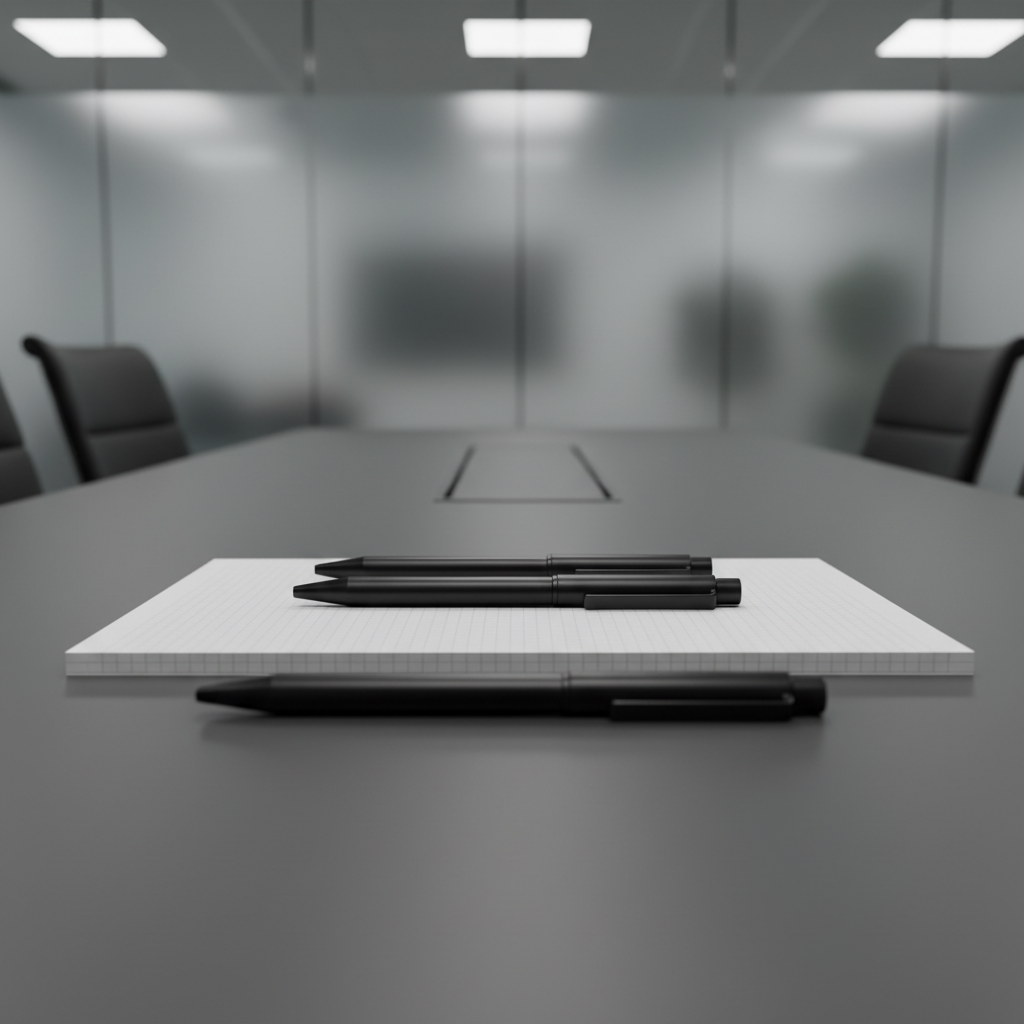 A set of precision-crafted, matte black metal pens and a crisp, white heavyweight notepad with a subtle embossed grid, arranged neatly atop a structured graphite-colored conference table. The tabletop's smooth finish reflects a hint of soft overhead LED lighting, producing minimal, subtle highlights on the pen barrels and soft edge shadows from the stationery. The background features a blurred panel of frosted glass, hinting at a high-end, contemporary office space. Captured at an eye-level angle with a shallow depth of field, the structured and balanced composition enhances the professional and orderly personality of the agency. The mood is focused and thoughtful, perfect for a site specializing in expert writing and communication. Photographic realism underscores the clean, modern, and corporate visual approach.